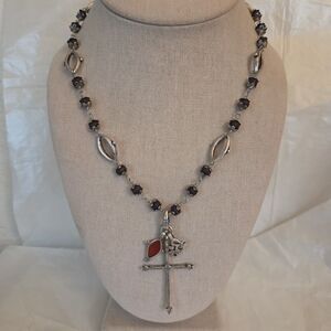 Lucky Brand Cross Beaded Necklace Silver Tone